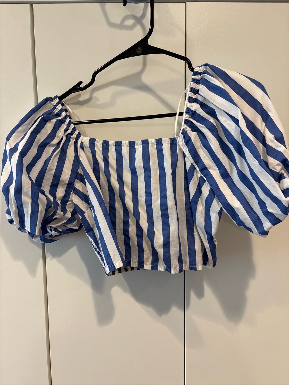 Primark Blue and White Striped Puff-Sleeve Crop Top
